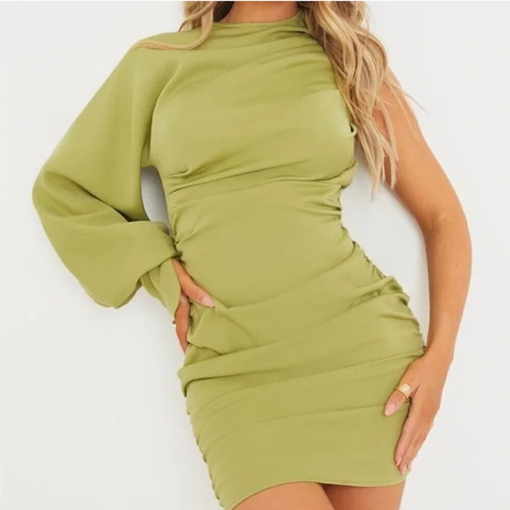 Pretty Little Thing Sage Green One Sleeve Ruched Bodycon Dress Size 10 US NWT